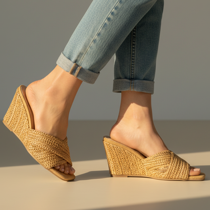 Elvira | Comfortable Woven Raffia Slip-On Wedge Sandals for Everyday