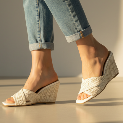 Elvira | Comfortable Woven Raffia Slip-On Wedge Sandals for Everyday