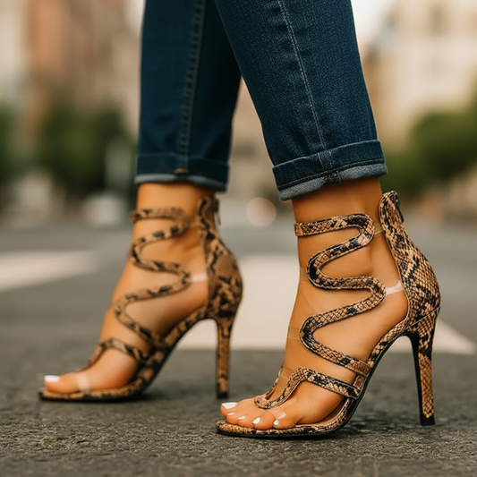 Sera | Striking Snake Print Stiletto Heels with Spiral Ankle Wrap