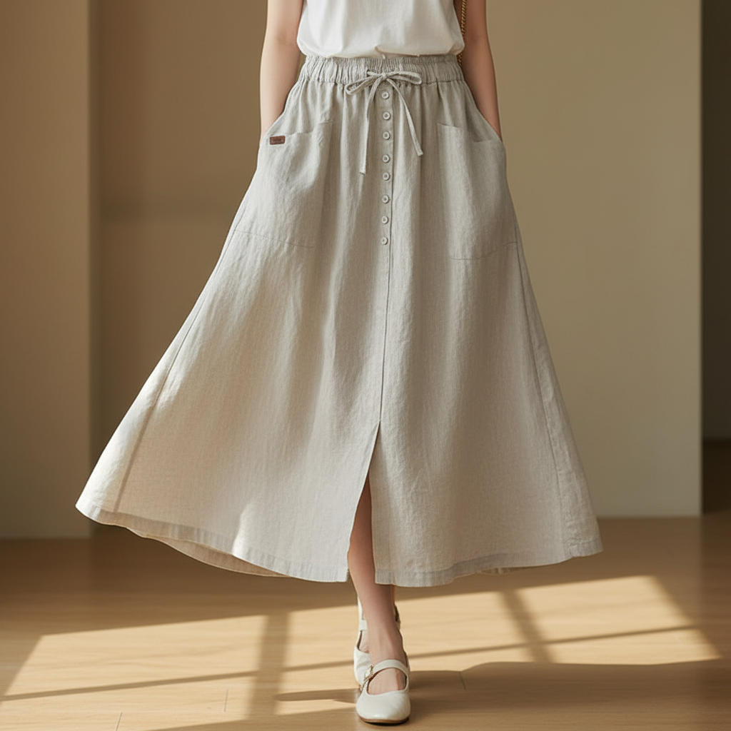 Adeline | Breezy A-Line Linen High Waist Skirt with Button Front and Slit