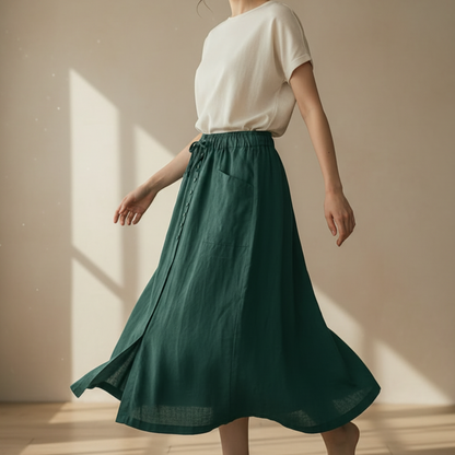 Adeline | Breezy A-Line Linen High Waist Skirt with Button Front and Slit