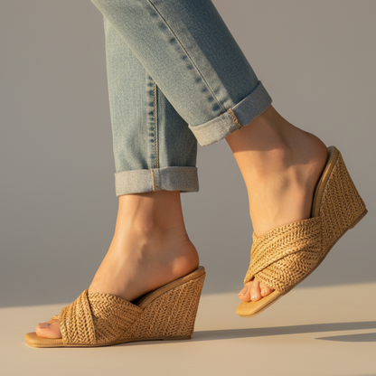 Elvira | Comfortable Woven Raffia Slip-On Wedge Sandals for Everyday