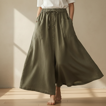 Adeline | Breezy A-Line Linen High Waist Skirt with Button Front and Slit