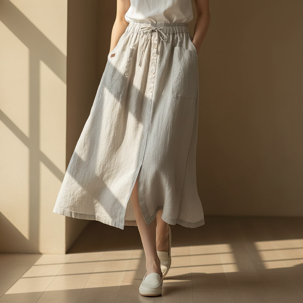 Adeline | Breezy A-Line Linen High Waist Skirt with Button Front and Slit
