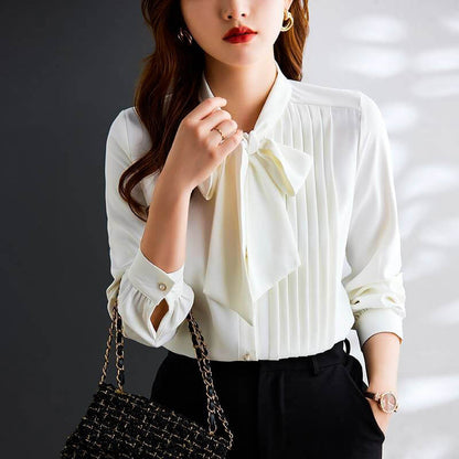 Silvia | Elegant Chiffon Bow Neck Sleeved Blouse with Buttons