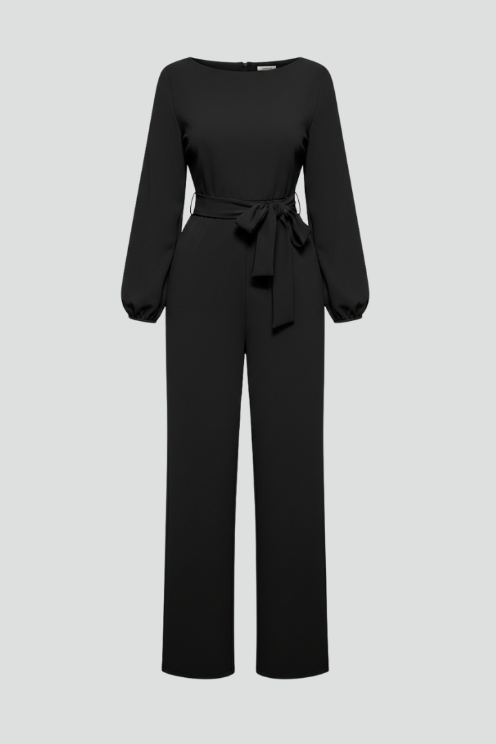 Caroline | Women's Classic Round Neck Straight Leg Jumpsuit with Tie Waist