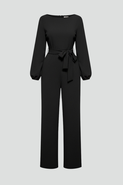 Caroline | Women's Classic Round Neck Straight Leg Jumpsuit with Tie Waist