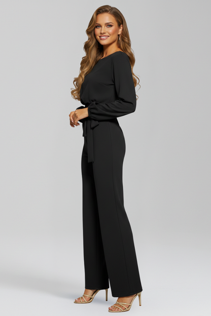 Caroline | Women's Classic Round Neck Straight Leg Jumpsuit with Tie Waist