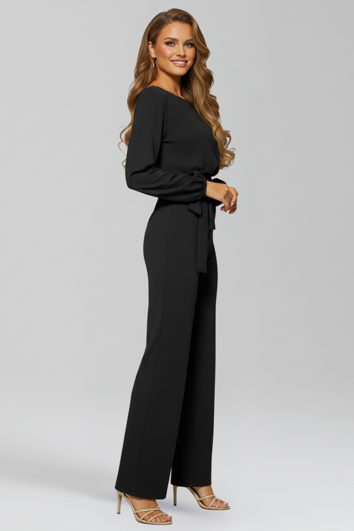 Caroline | Women's Classic Round Neck Straight Leg Jumpsuit with Tie Waist
