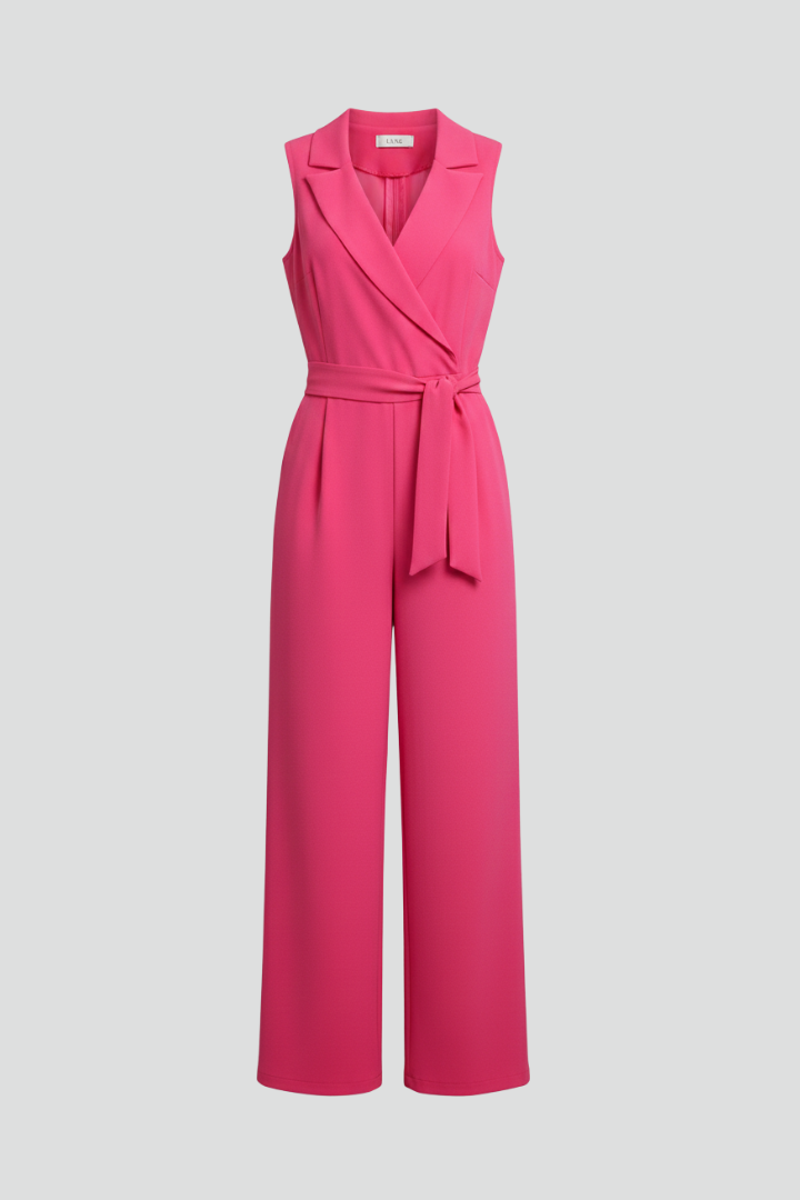 Kimberly | Women's Sleek Sleeveless V Neck Wide Leg Jumpsuit with Tie Waist