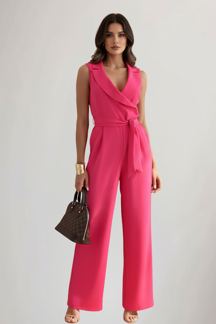 Kimberly | Women's Sleek Sleeveless V Neck Wide Leg Jumpsuit with Tie Waist