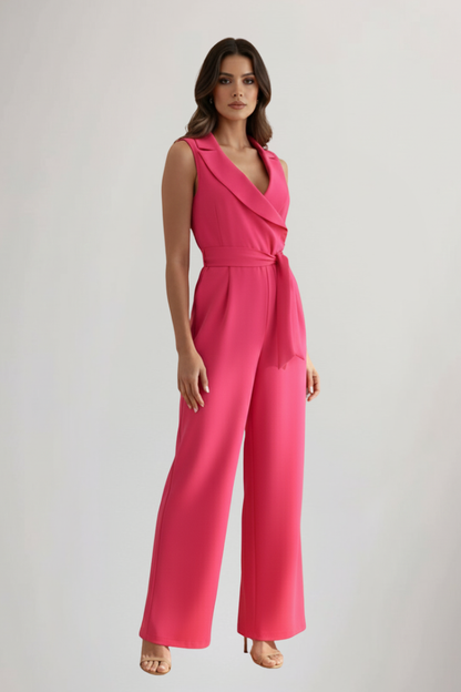 Kimberly | Women's Sleek Sleeveless V Neck Wide Leg Jumpsuit with Tie Waist