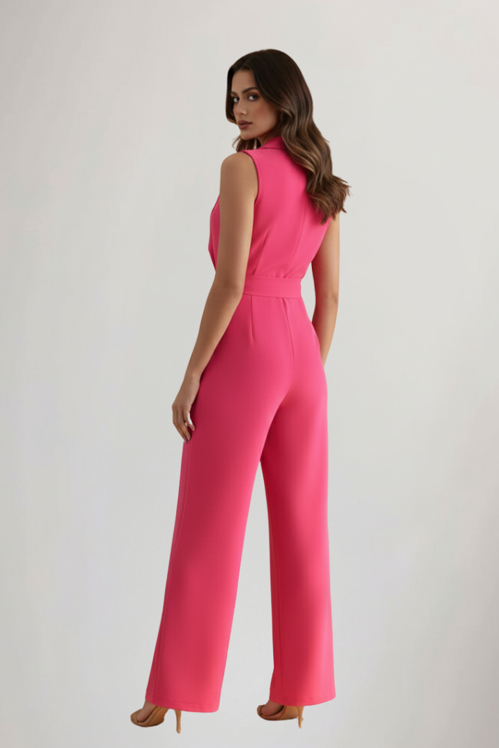 Kimberly | Women's Sleek Sleeveless V Neck Wide Leg Jumpsuit with Tie Waist