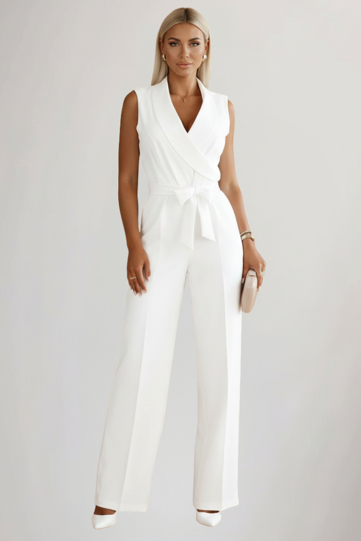 Kimberly | Women's Sleek Sleeveless V Neck Wide Leg Jumpsuit with Tie Waist