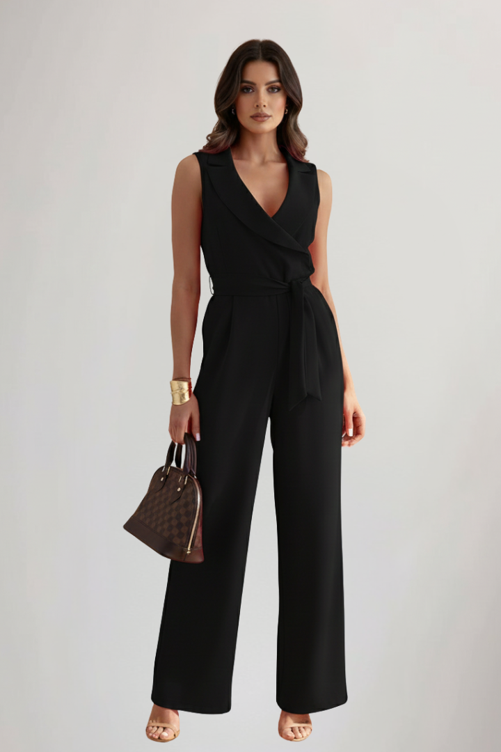 Kimberly | Women's Sleek Sleeveless V Neck Wide Leg Jumpsuit with Tie Waist
