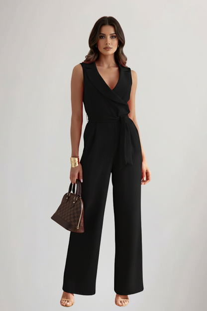 Kimberly | Women's Sleek Sleeveless V Neck Wide Leg Jumpsuit with Tie Waist