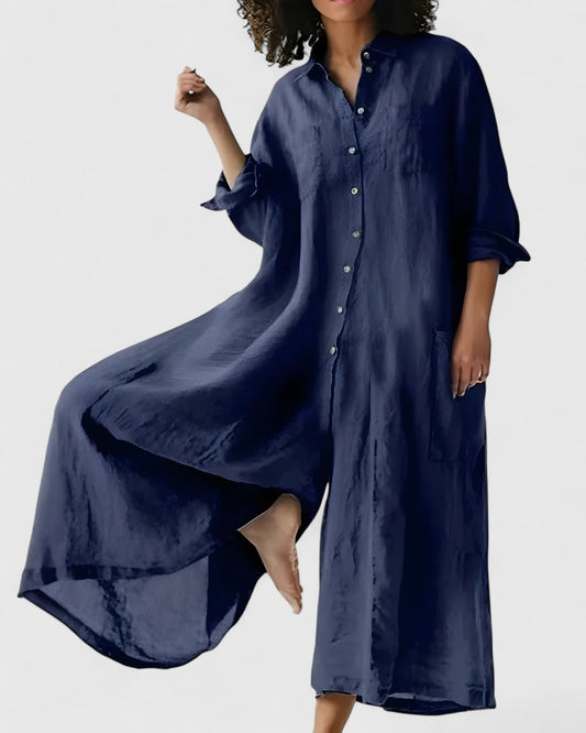 Ellison | Elegant Airy Wide Leg Jumpsuit with Sleeves and Buttons