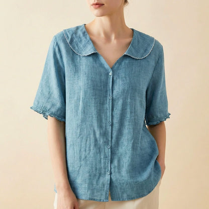 Clara | Elegant Cotton-Linen Blouse with Collar and Ruched Sleeves