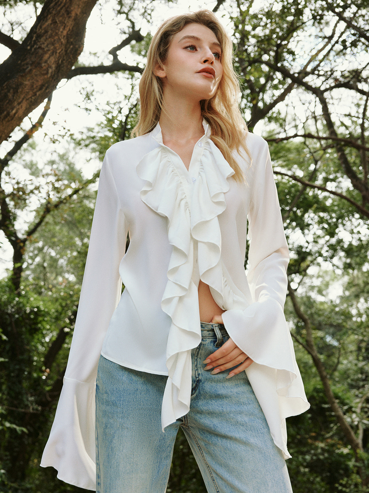 Camille | Ruffle Pleated Long Sleeve Blouse with Stand Collar
