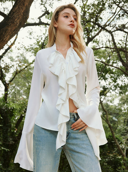 Camille | Ruffle Pleated Long Sleeve Blouse with Stand Collar