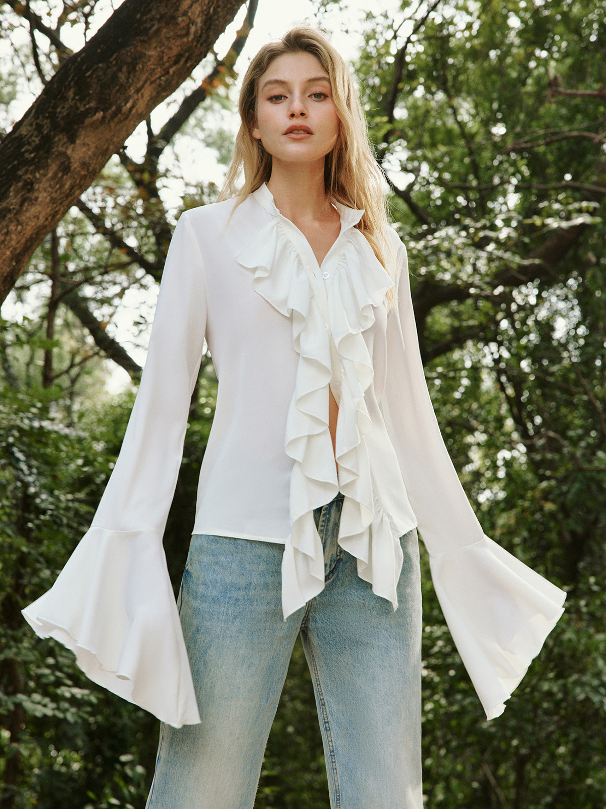 Camille | Ruffle Pleated Long Sleeve Blouse with Stand Collar