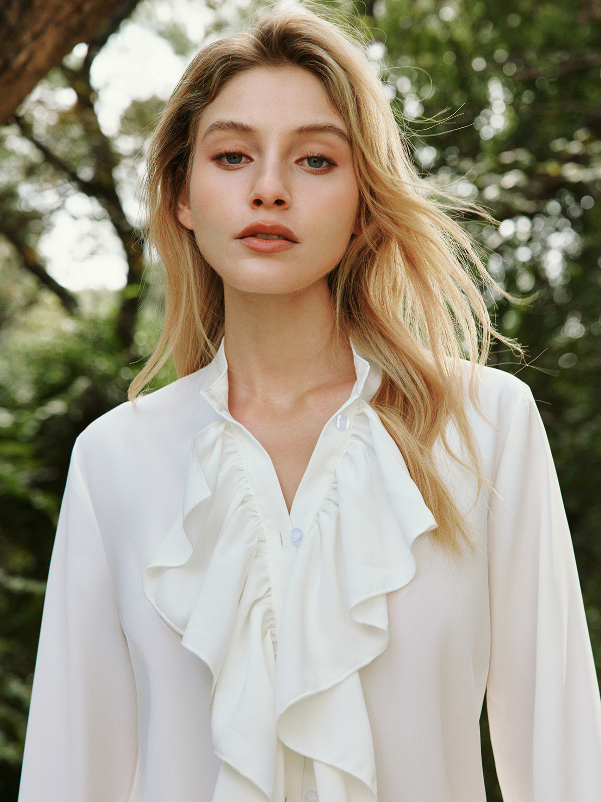 Camille | Ruffle Pleated Long Sleeve Blouse with Stand Collar