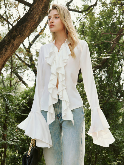 Camille | Ruffle Pleated Long Sleeve Blouse with Stand Collar