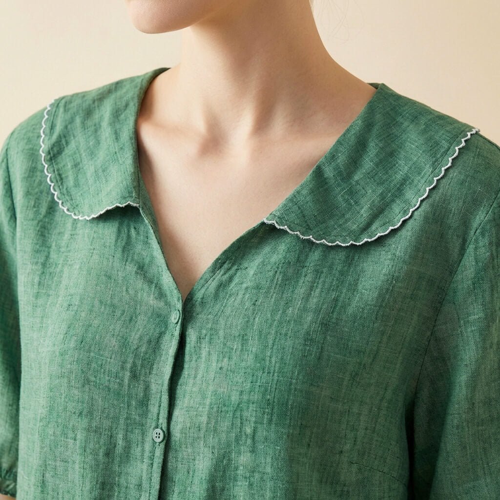 Clara | Elegant Cotton-Linen Blouse with Collar and Ruched Sleeves