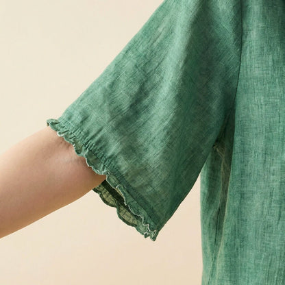 Clara | Elegant Cotton-Linen Blouse with Collar and Ruched Sleeves