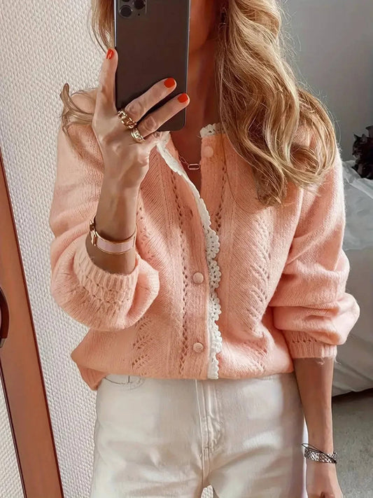 Juniper | Button Front Cardigan with Crochet Detail