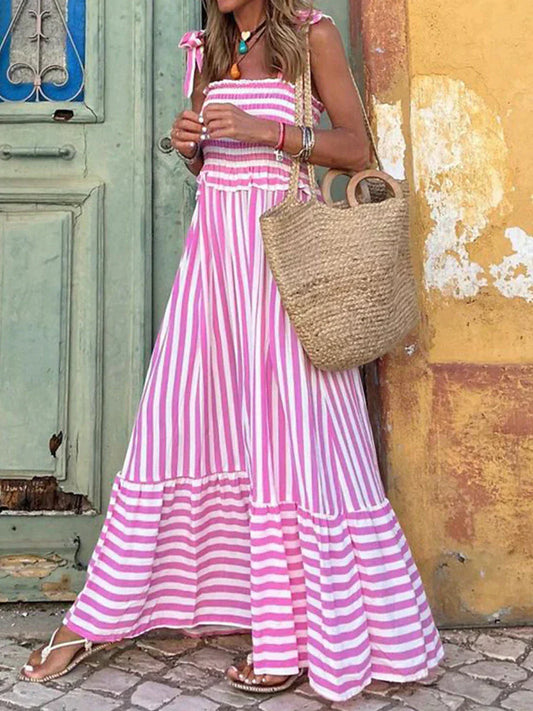 Emilia | Effortless Striped Ruffle Sleeveless Beach Dress with Fit and Flare Silhouette