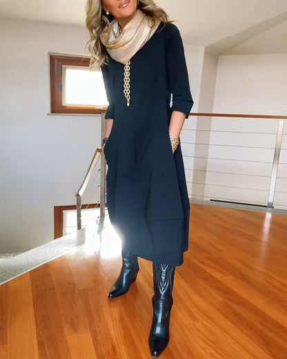 Seraphina | Elegant Slim Fit Work Midi Dress with Full-Length Drape and Sleeves