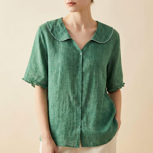 Clara | Elegant Cotton-Linen Blouse with Collar and Ruched Sleeves