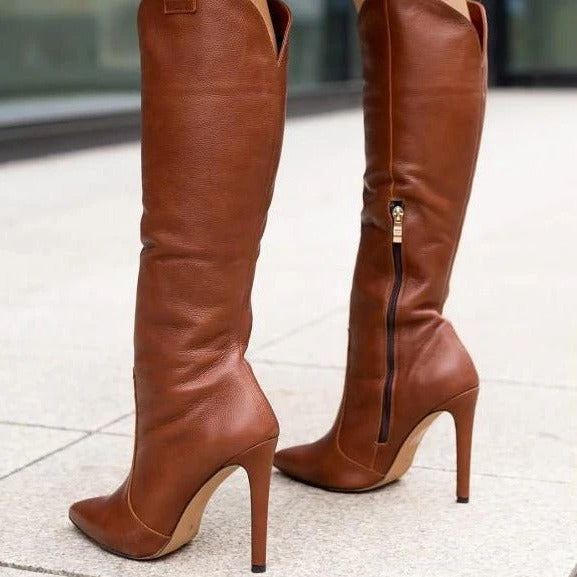 Camilla | Elegant Knee High Stiletto Boots with Heels and Pointed Toe
