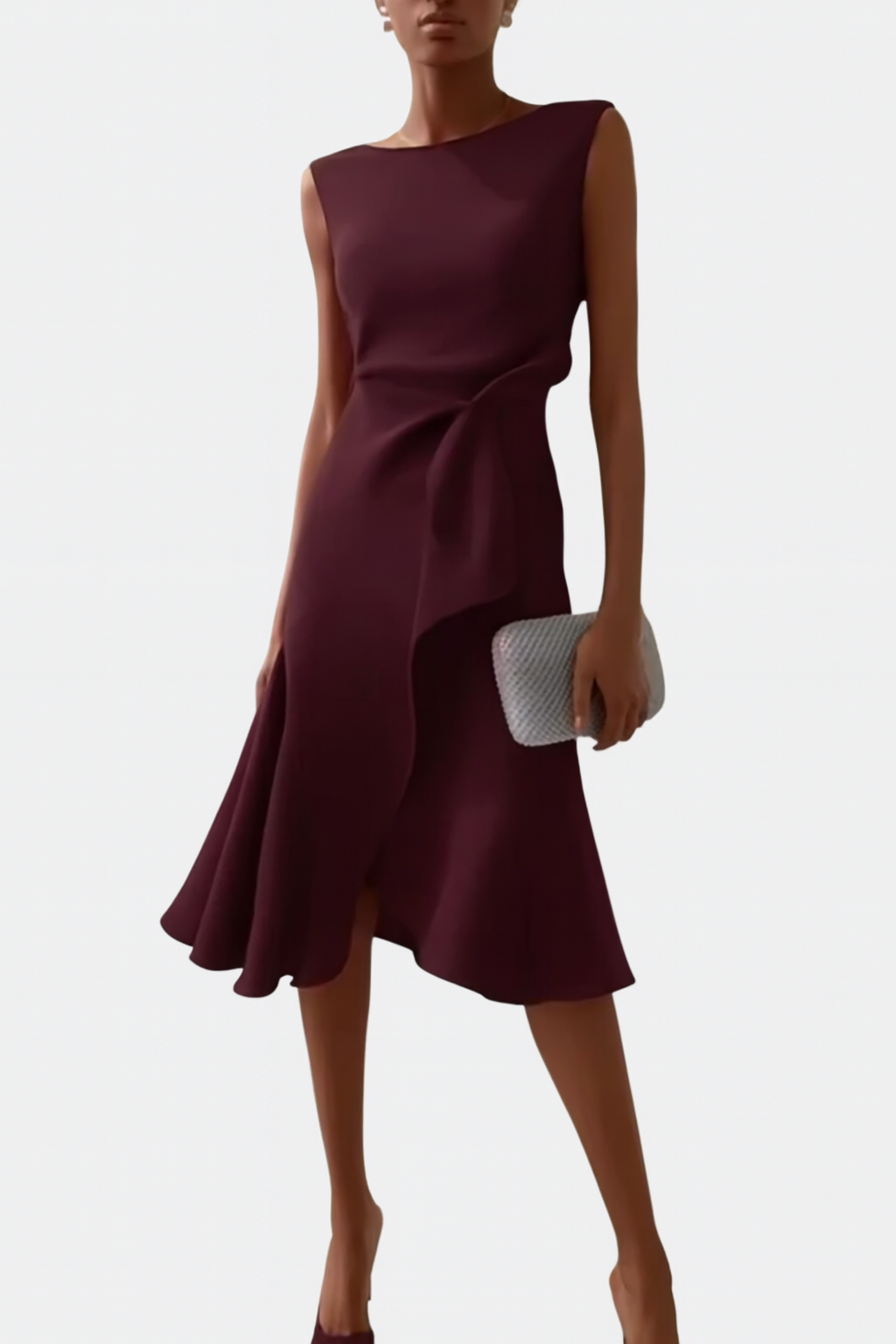 Sheila | Elegant Asymmetric Draped Midi Dress with Sleeveless Cut