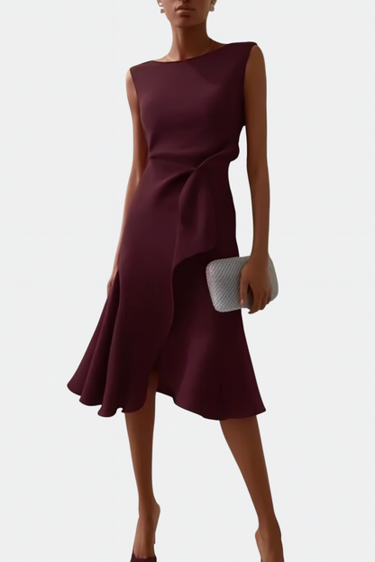 Sheila | Elegant Asymmetric Draped Midi Dress with Sleeveless Cut