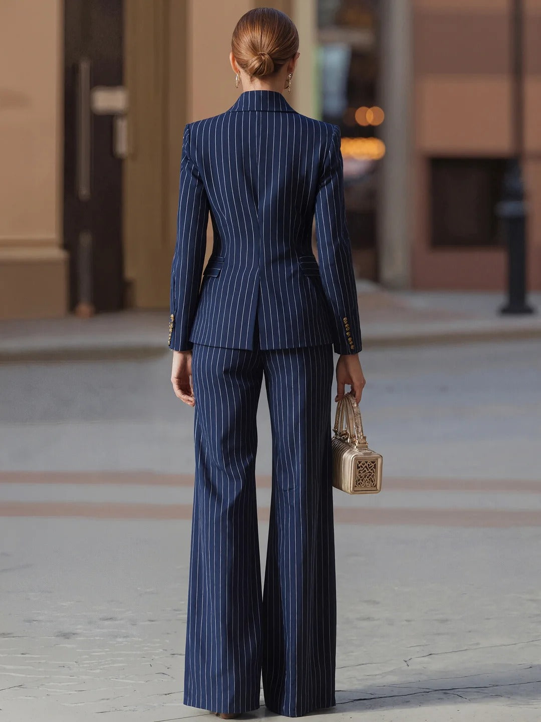 Alessia | Navy Pinstripe Two Piece Matching Set with Wide Leg Pants