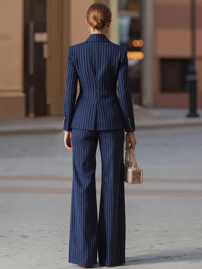 Alessia | Navy Pinstripe Two Piece Matching Set with Wide Leg Pants