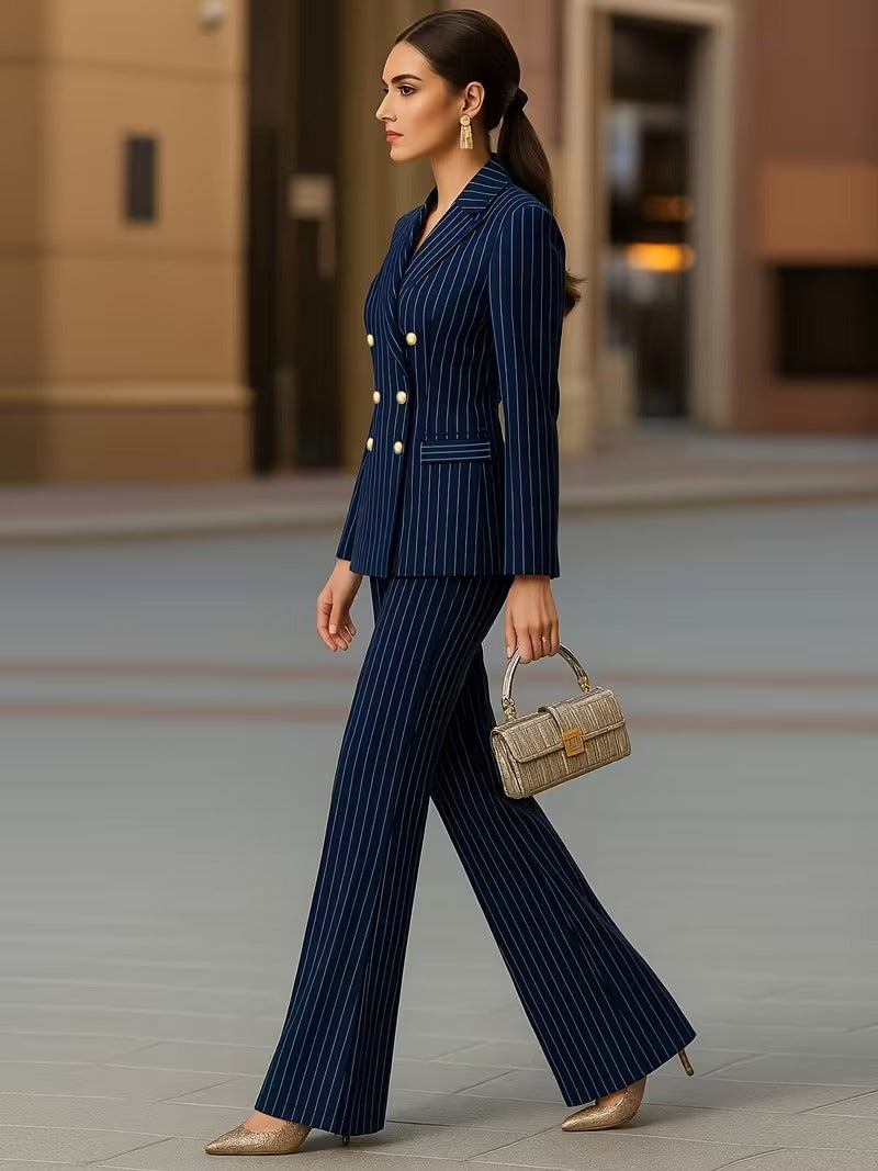 Alessia | Navy Pinstripe Two Piece Matching Set with Wide Leg Pants
