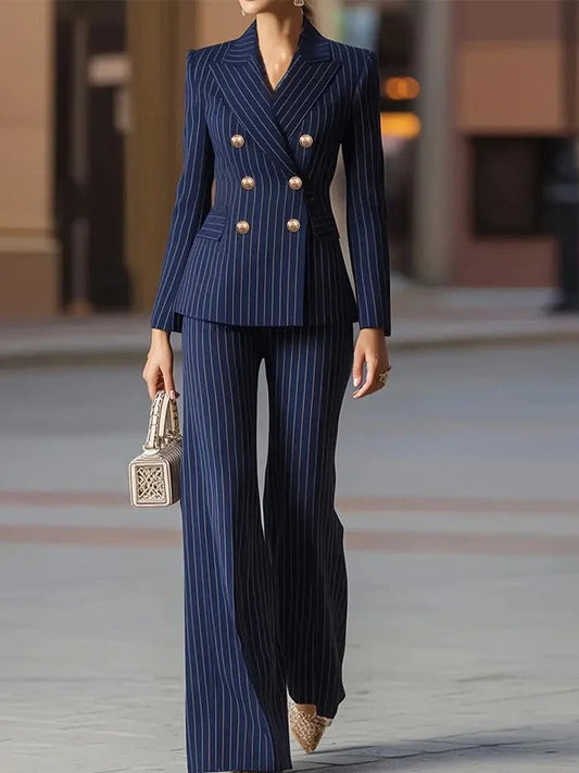 Alessia | Navy Pinstripe Two Piece Matching Set with Wide Leg Pants