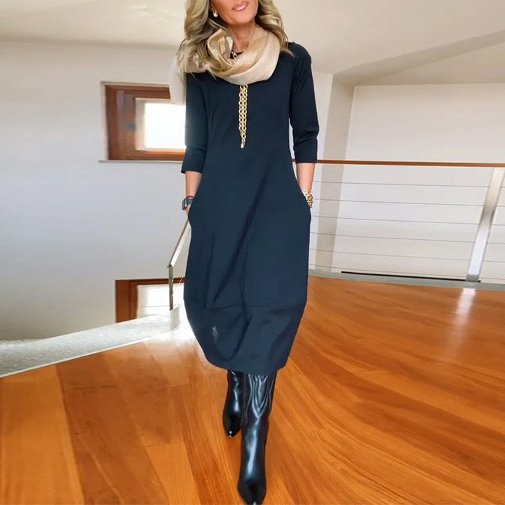 Seraphina | Elegant Slim Fit Work Midi Dress with Full-Length Drape and Sleeves