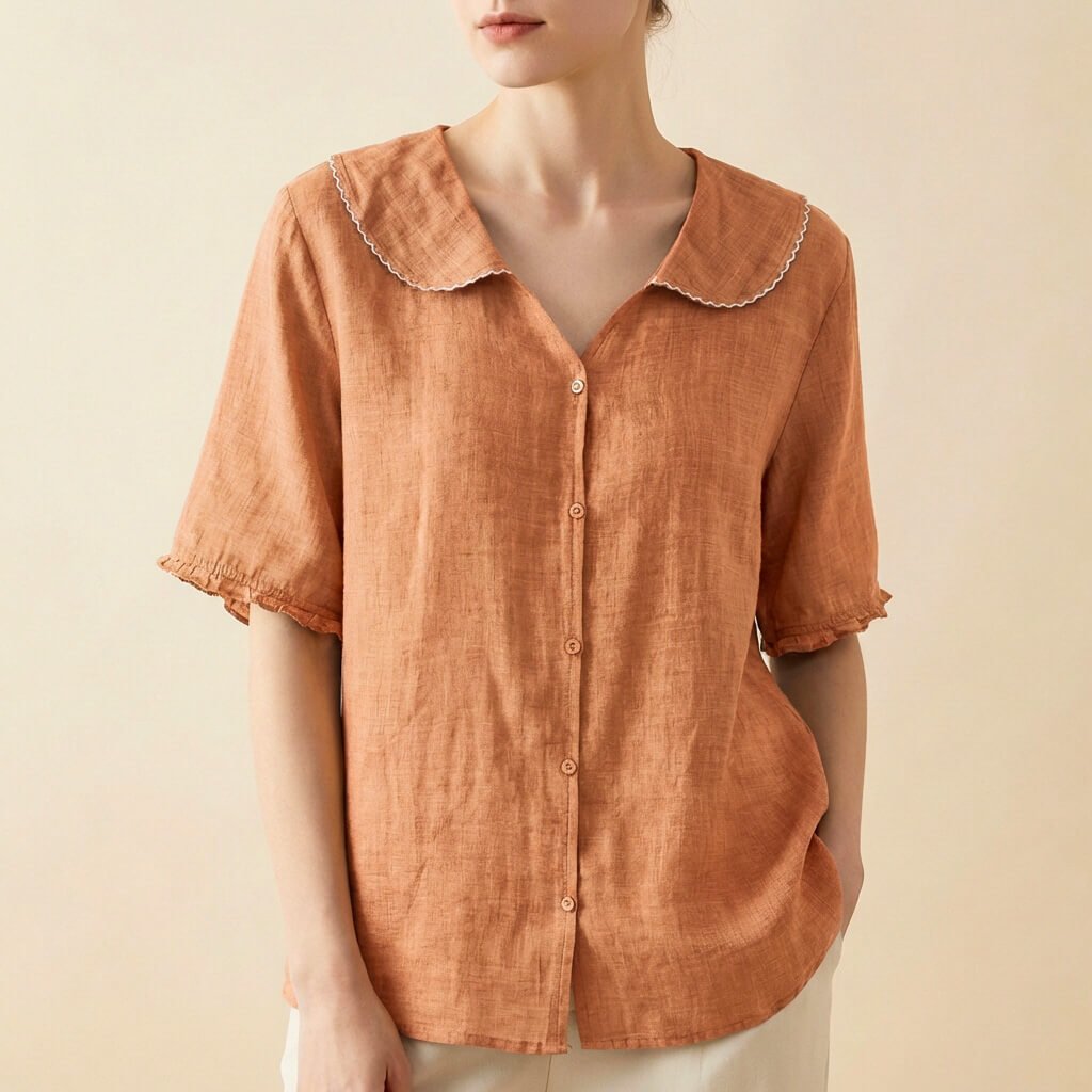Clara | Elegant Cotton-Linen Blouse with Collar and Ruched Sleeves