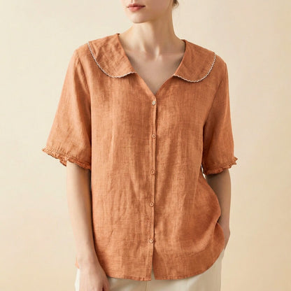 Clara | Elegant Cotton-Linen Blouse with Collar and Ruched Sleeves