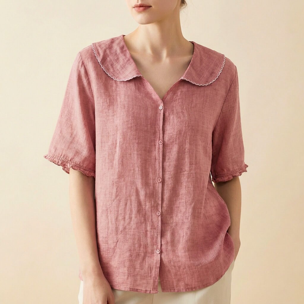 Clara | Elegant Cotton-Linen Blouse with Collar and Ruched Sleeves