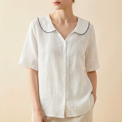 Clara | Elegant Cotton-Linen Blouse with Collar and Ruched Sleeves