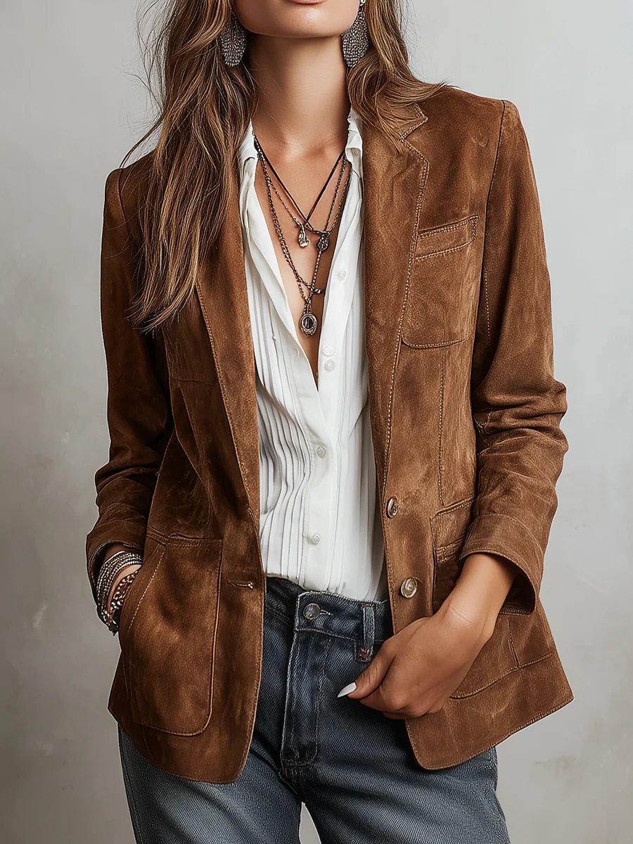 Aria | Tailored Faux Suede Single-Breasted Blazer Jacket with Pockets