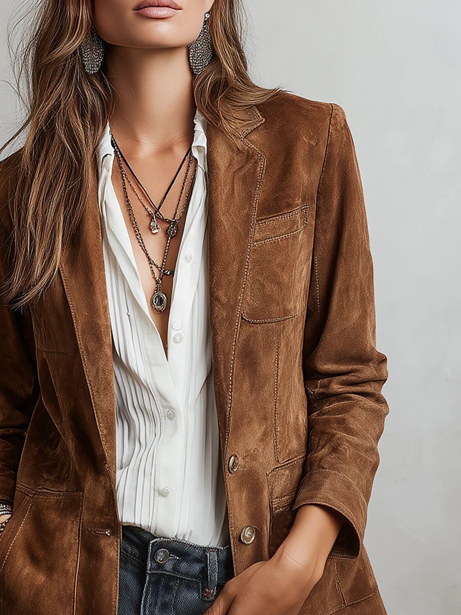 Aria | Tailored Faux Suede Single-Breasted Blazer Jacket with Pockets