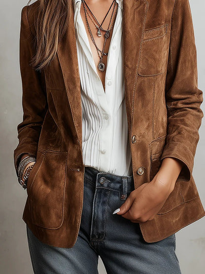 Aria | Tailored Faux Suede Single-Breasted Blazer Jacket with Pockets